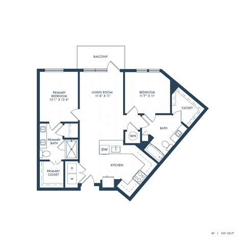 Floor plan for 2 beds, 2 baths, 1051 sqft